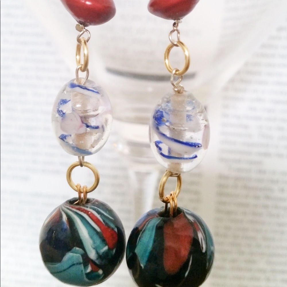 Clear and blue bead work dangle earrings